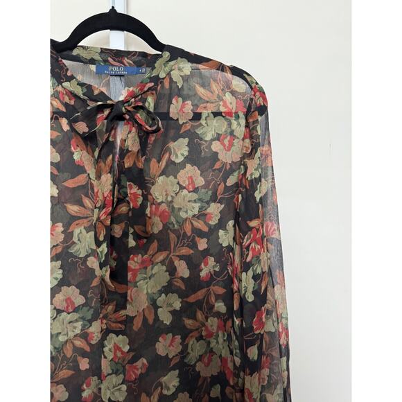 Polo Ralph Lauren Floral Silk Blouse Sheer Chiffon Tunic Length Tie Neck Size 4 - Picture 2 of 11